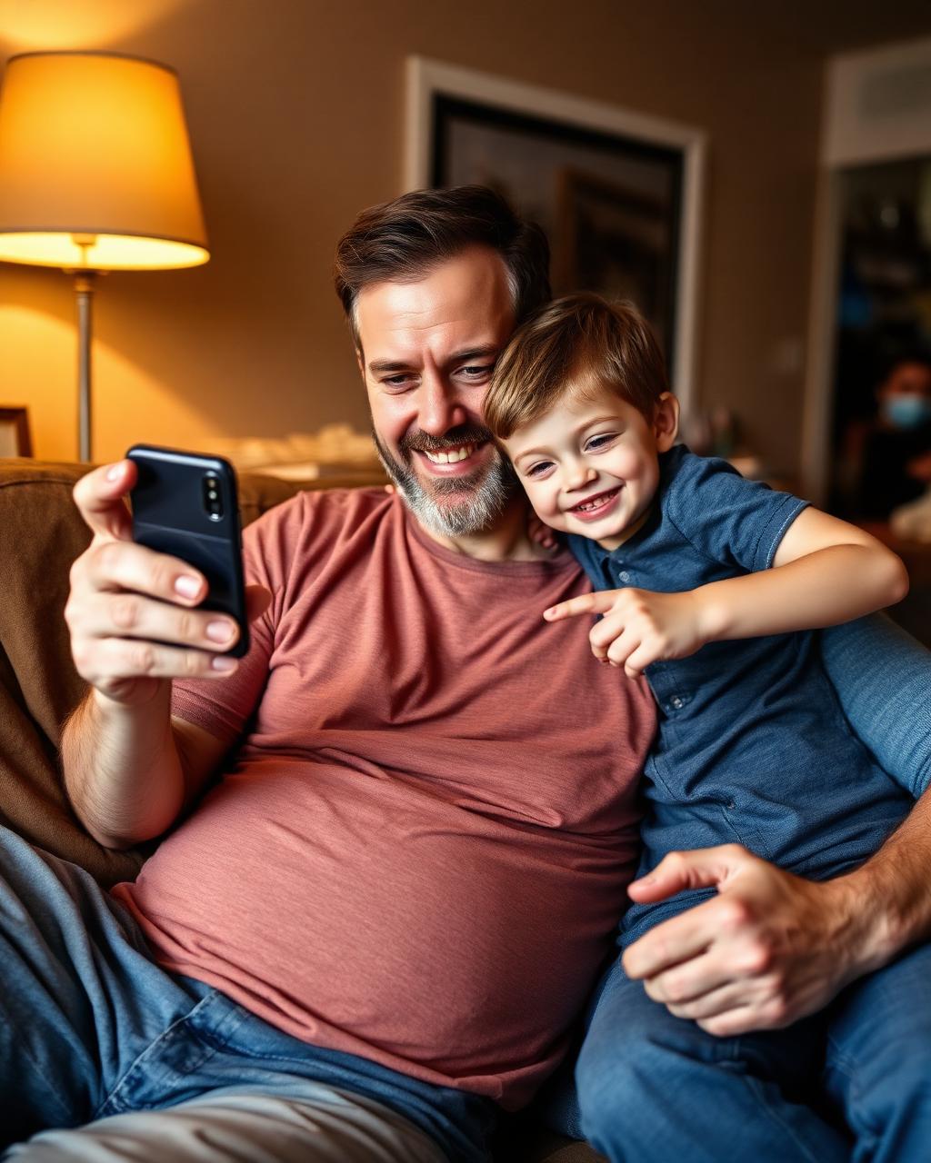 Dad and young son grinning at a phone together on the couch after a ride