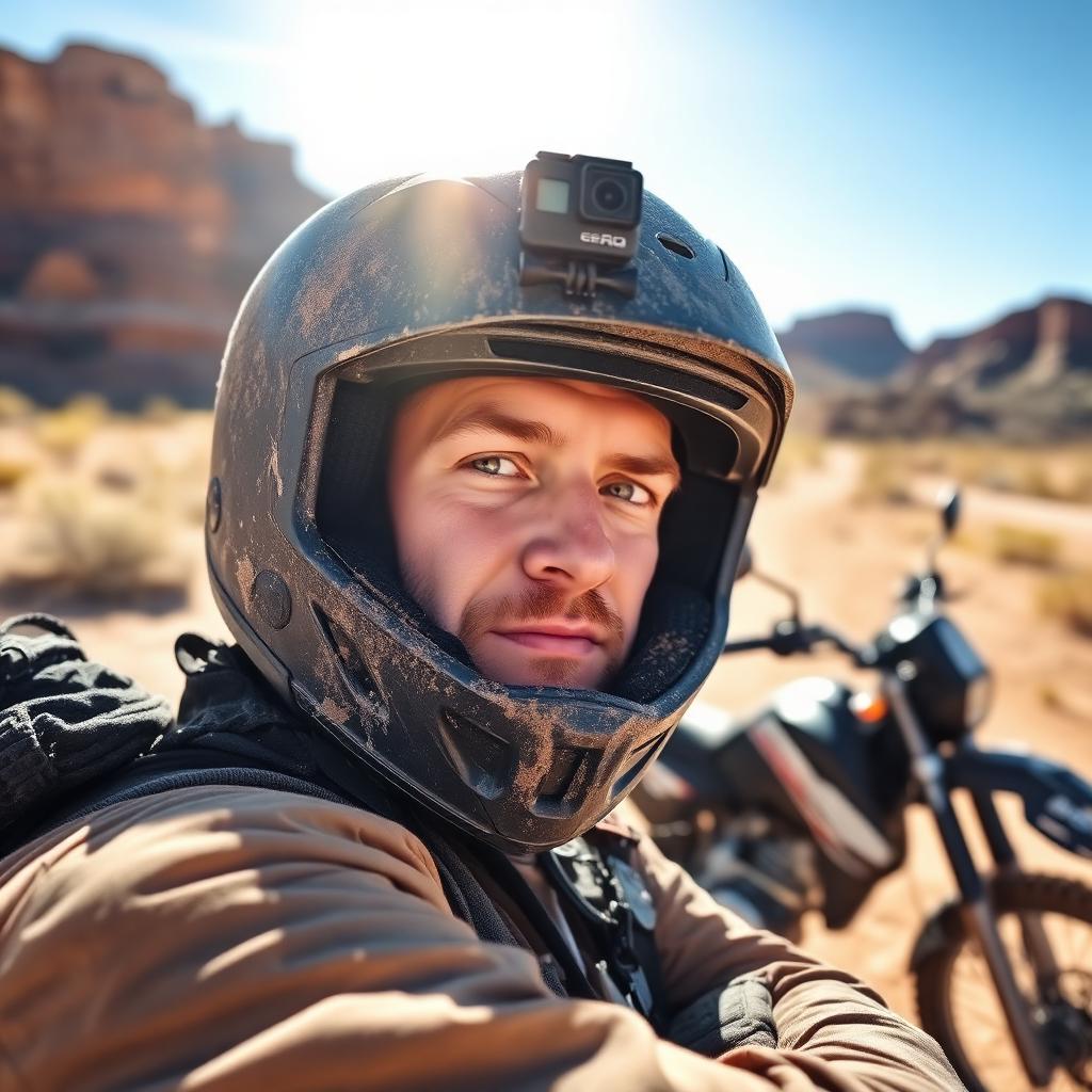 Dusty adventure rider at a desert trailhead with helmet under arm