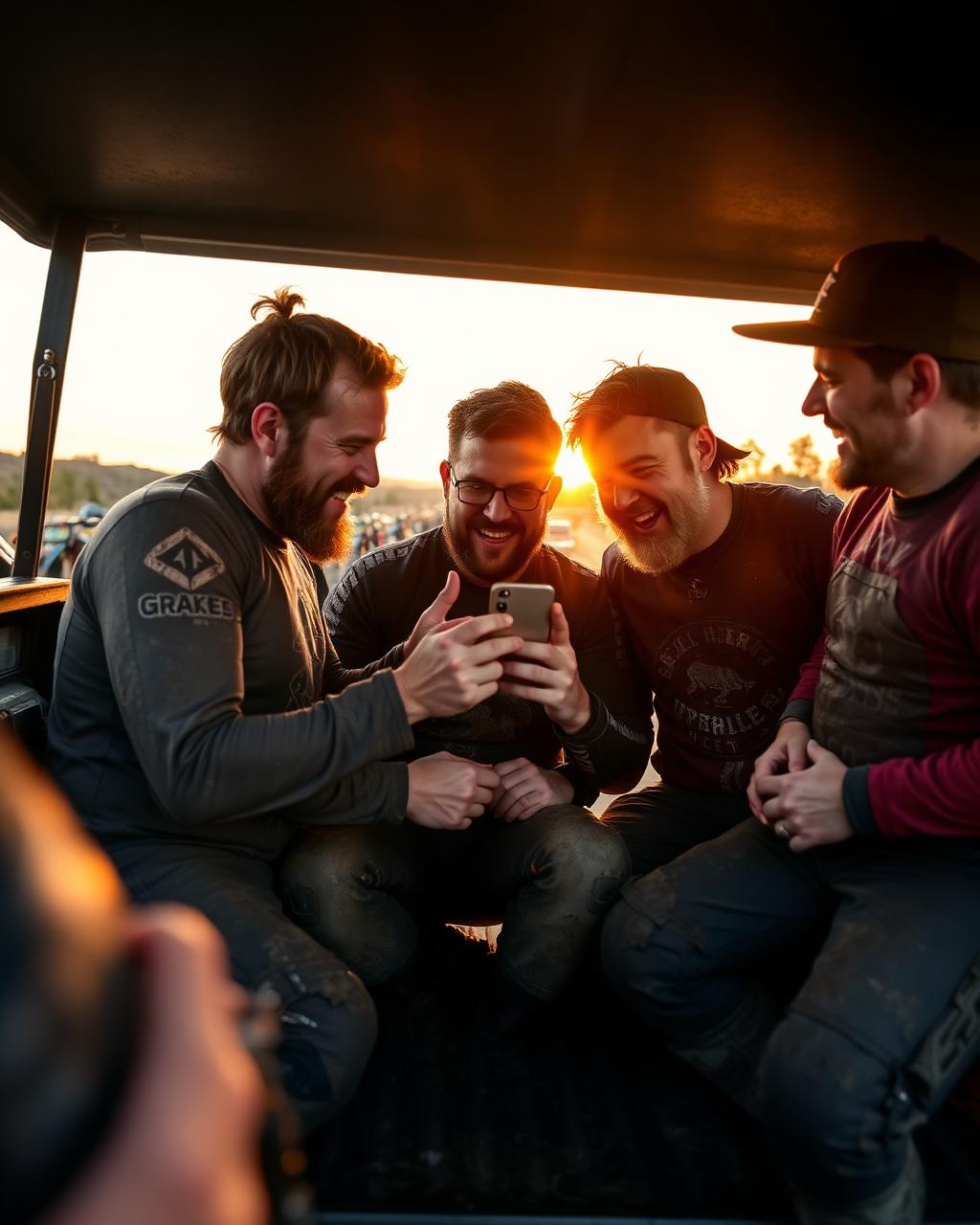 Three muddy dirt-bike riders laughing around a phone on a tailgate