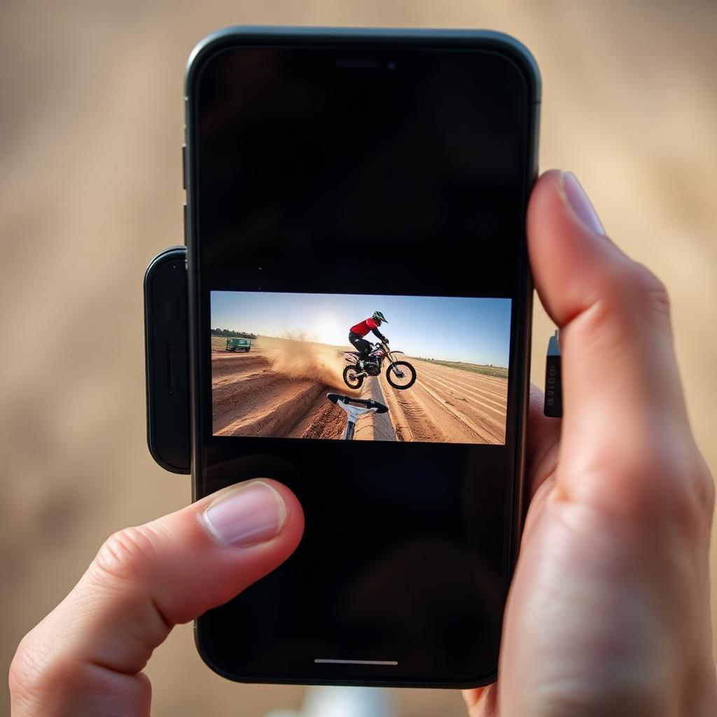 Phone screen showing a real dirt bike clip mid-jump on a desert trail
