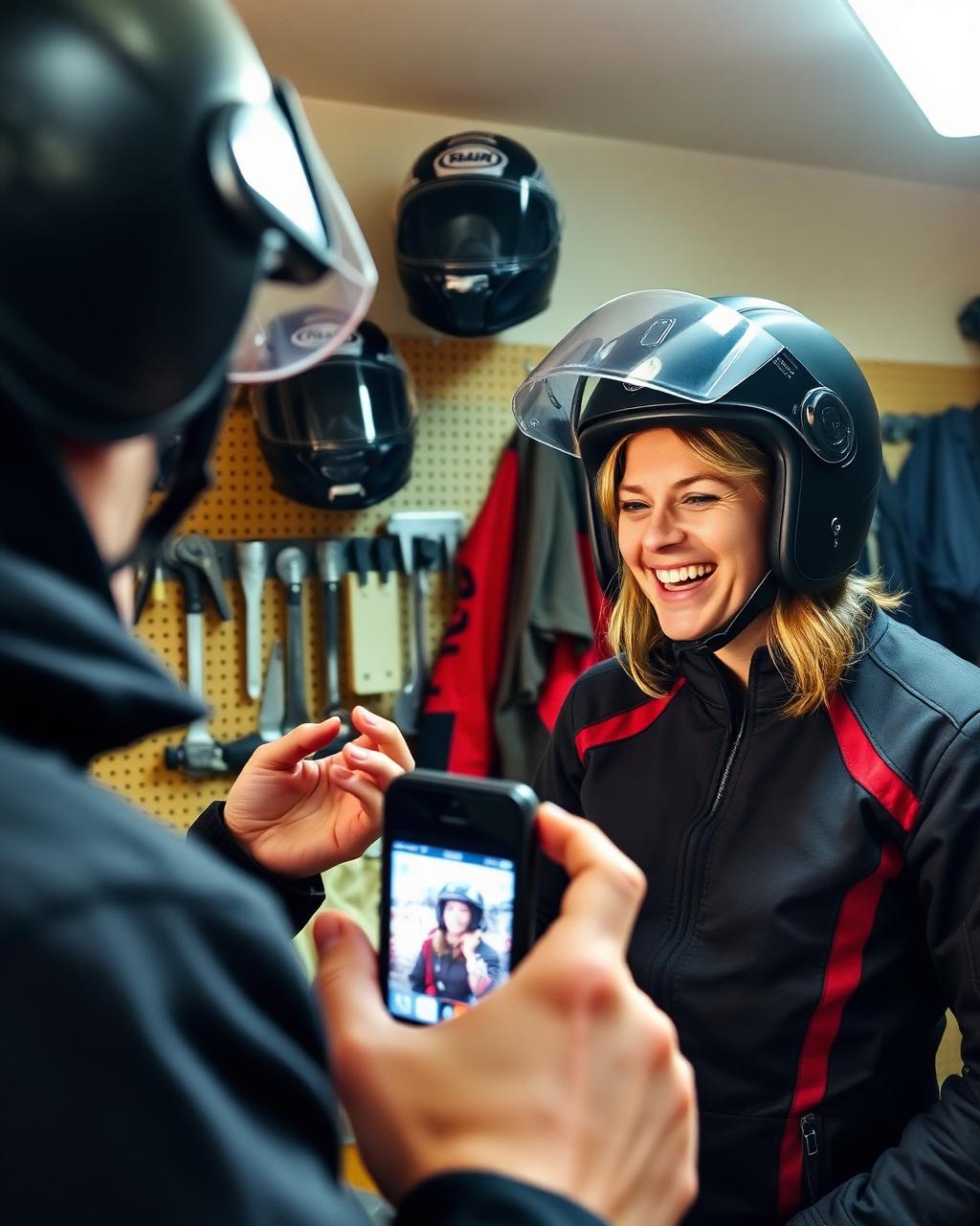 Woman laughing in a garage while a rider shows her a phone clip