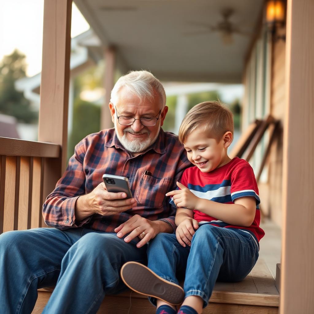 Grandfather and grandson on a porch looking at a phone together